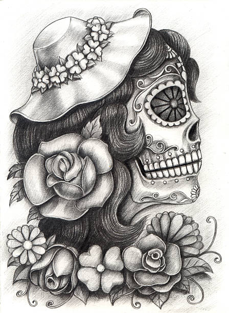 ilustrações, clipart, desenhos animados e ícones de arte crânio dia dos mortos. - day of the dead skull tattoo mexico