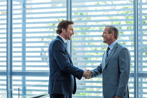 Happy businessmen shaking hands by window in office