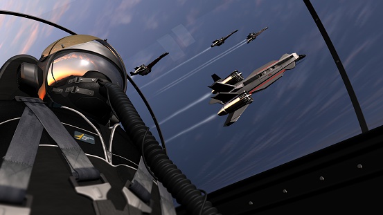 A low angle shot of a jet pilot with other jet or space ships in background.