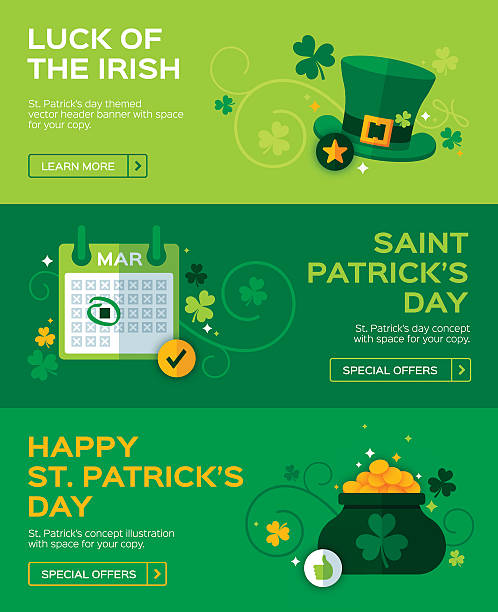 St. Patrick's day luck of the irish, leprechaun hat, calendar, shamrock and pot of gold banner concepts with areas for your copy. Dimensions are 851x315 for use as facebook or social media headers. EPS 10 file. Transparency effects used on highlight elements.