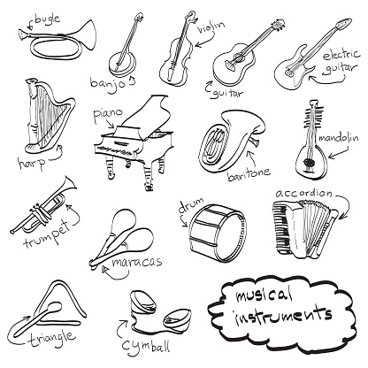hand drawn set of musical instruments, doodles