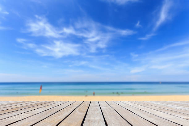 istock Grey wood decking and tropical beach 530284625