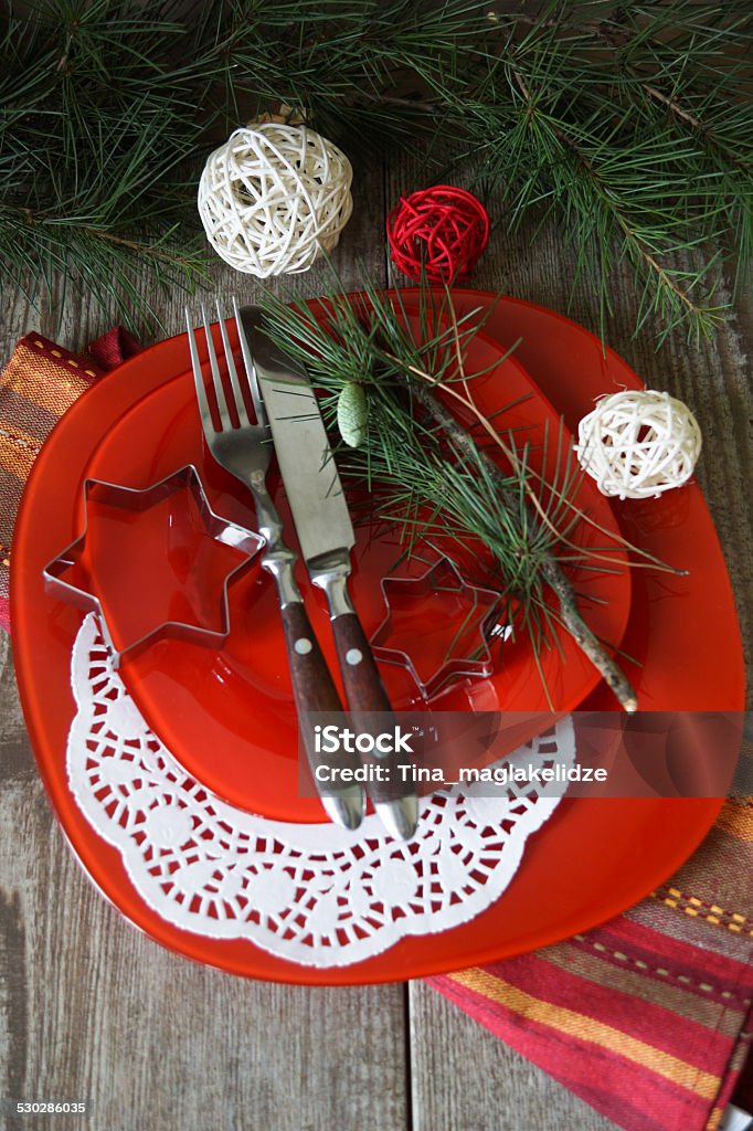 christmas decoration Festive Christmas table setting with christmas decorations Burlap Stock Photo