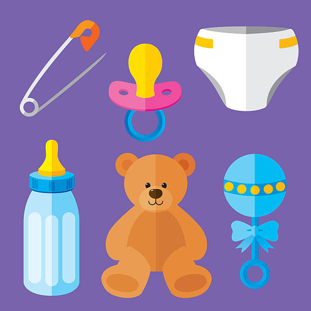 Baby Items Flat Vector illustration of a baby icon set in flat style. baby bottle stock illustrations