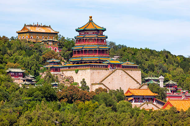 Longevity Hill Tower Orange Roofs Summer Palace Beijing China Longevity Hill Tower of the Fragrance of the Buddha Orange Roofs Summer Palace Beijing China prc stock pictures, royalty-free photos & images