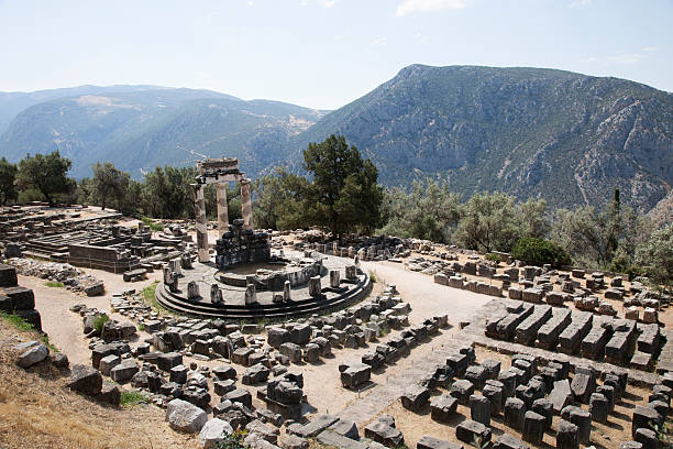 View of the archaeological site of Delphi in Greece (Europe) Archaeological site of Delphi in Greece. Sanctuary. Sacred place. oracular stock pictures, royalty-free photos & images