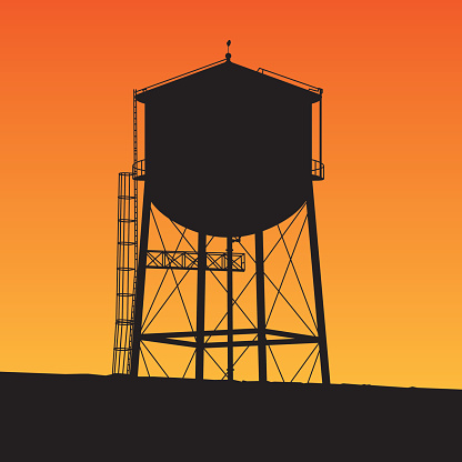 Vector silhouette of a water tower with an orange background.