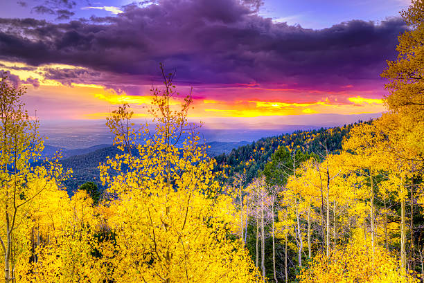 Sunset at Santa Fe Ski Basin New Mexico fall mountain sunset  featuring golden aspens and rays of sunlight santa fe new mexico mountains stock pictures, royalty-free photos & images