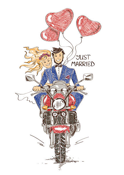 Wedding couple riding on a motorbike Colorful funny sketch illustration with just married couple riding on a motorbike and heart shape air balloons. Hand drawn wedding card or invitation helicopter free drawing stock illustrations
