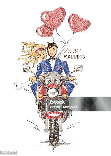 Wedding Couple Riding On A Motorbike Stock Illustration - Download Image Now - Motorcycle, Biker, Couple - Relationship