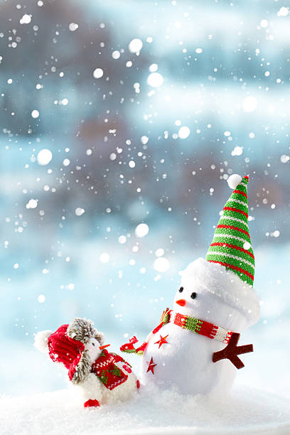 Two snowmen big and small stand in the snow
