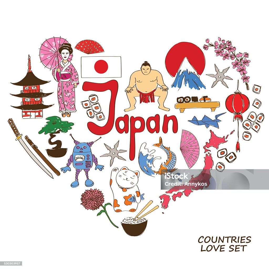 Japanese symbols in heart shape concept Colorful sketch collection of Japanese symbols. Heart shape concept. Travel background Adult stock vector