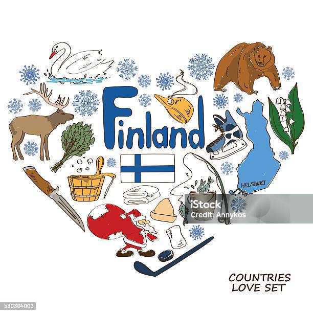 Finland Symbols In Heart Shape Concept Stock Illustration - Download Image Now - Finland, Sauna, Animal