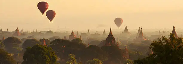 Early morning sunshine over the ancient pagodas of Bagan