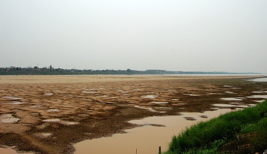 Mekong dry river bed during the dry season in Laos capital's Vientiane.