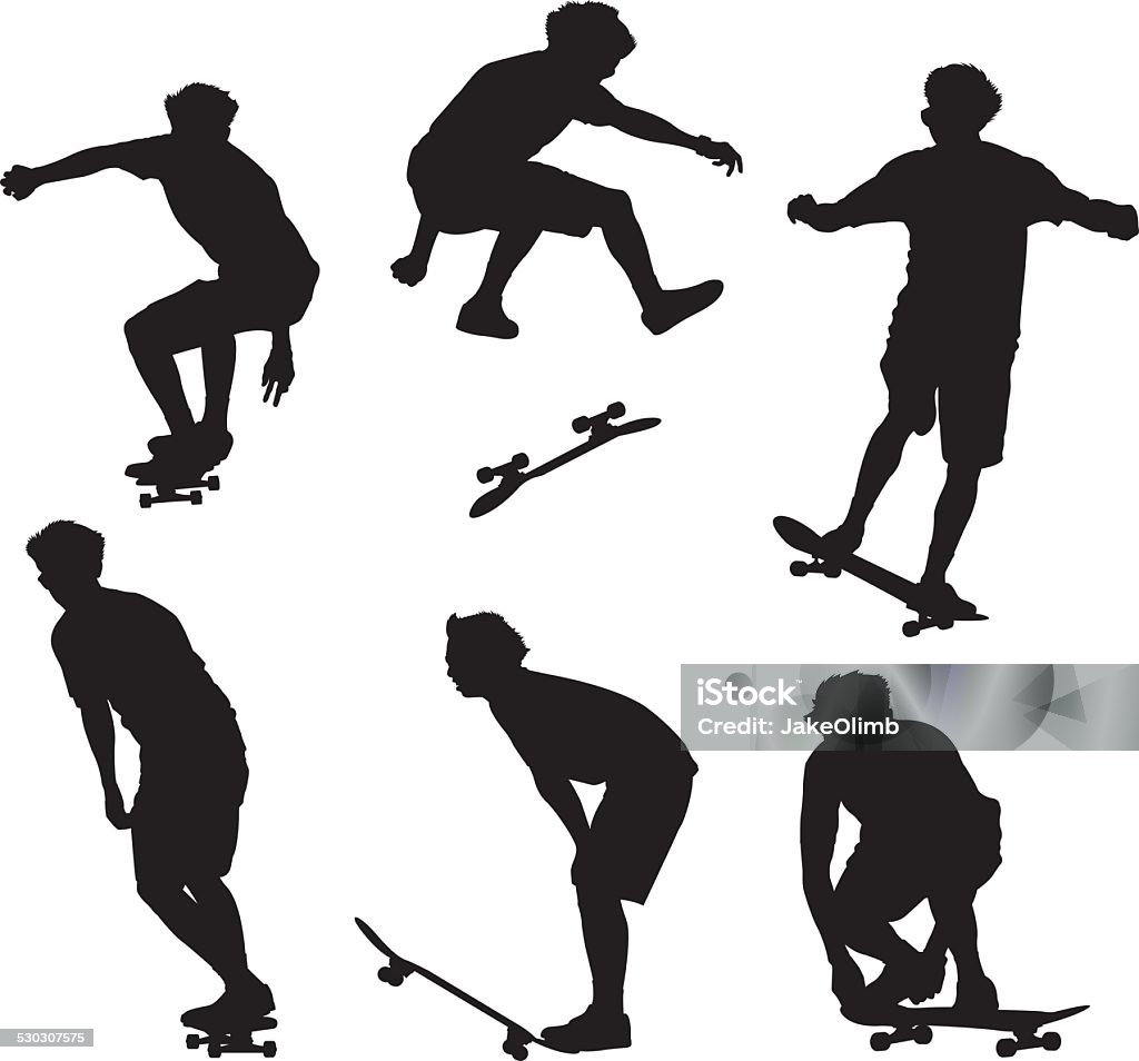 Skateboarder Silhouettes Vector silhouettes of six variations of a young man riding and doing tricks on a skateboard. In Silhouette stock vector
