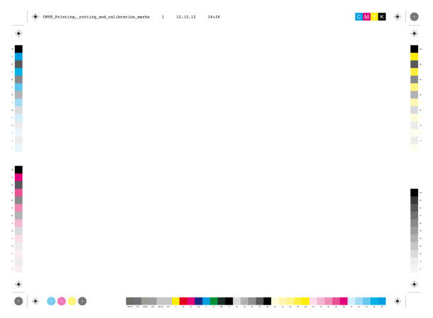 CMYK printing, cutting and calibration marks CMYK (offset) related printing, cutting and calibration marks / strips, including halftones, colors, registration and crop marks, etc. printout stock illustrations