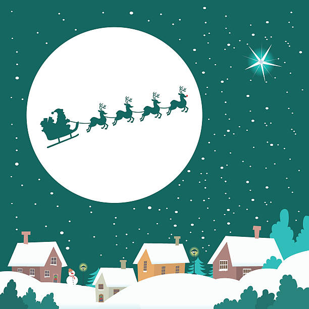 Santa riding his Sleigh across the Winter Sky vector art illustration