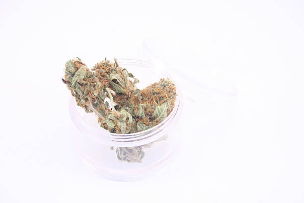 istock Cannabis buds in a transparent container on a white background 530314471