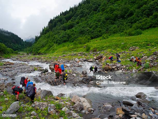 Hikers Group Cross The Mountain River Stock Photo - Download Image Now - Activity, Adult, Adventure