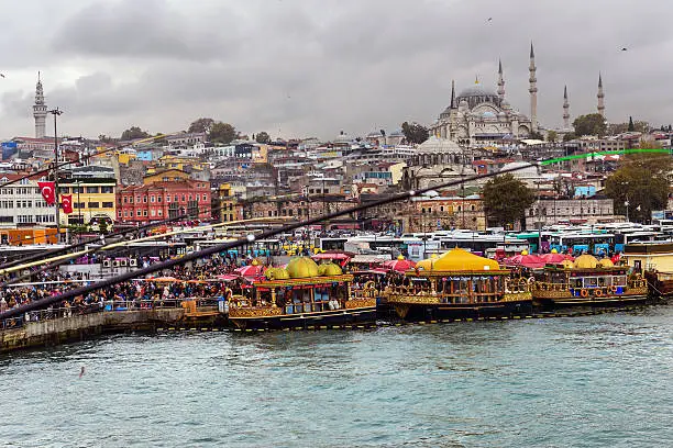 Fishing rods on Galata Bridge, behind the Süleymaniye Mosque Istanbul Turkey,Nikon D3x