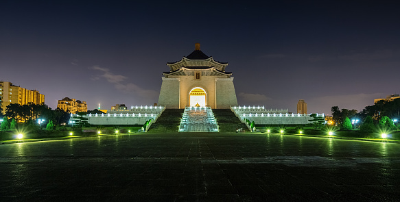 Panorama of the National Chiang Kai-Shek Memorial Hall at Night. The Chiang Kai Shek Memorial Hall is located on the Liberty Square (Freedom square) in the city of Taiwan. This monument was built in memory of Chiang Kai-shek, former President of the Republic of China (Taiwan). Taipei, Taiwan.