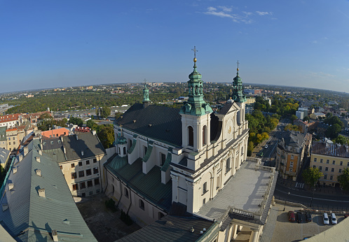 This is a top view of Lublin (Poland) from Trynitarska Tower. The Cathedral of St. John the Baptist and the Evangelist is in the foreground.