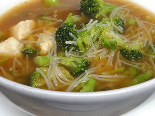 Photo showing a bowl of homemade chicken noodle soup / broth isolated on a white background. This is a low calorie meal made with broccoli and rice noodles, which are low in carbohydrate. This dish is part of a healthy eating, low fat diet plan.