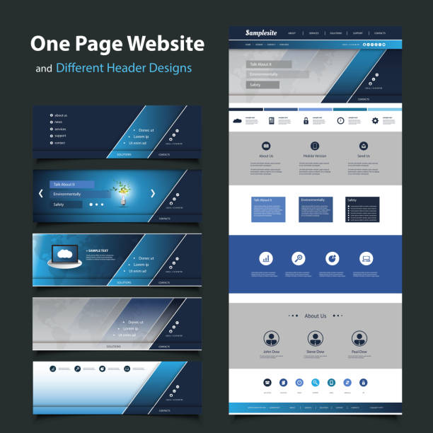 One Page Website Design Template and Different Headers Modern Colorful Abstract Web Site, Flat UI or UX Layout Creative Design Template - User Interface, Icon, Label and Button Designs - Element Set for Your IT, Tech Business, Home Page or Blog - Illustration in Freely Scalable and Editable Vector Format homepage stock illustrations