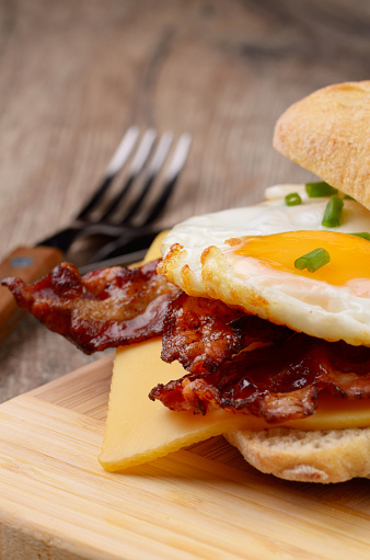 Fried egg sandwich with bacon and cheese