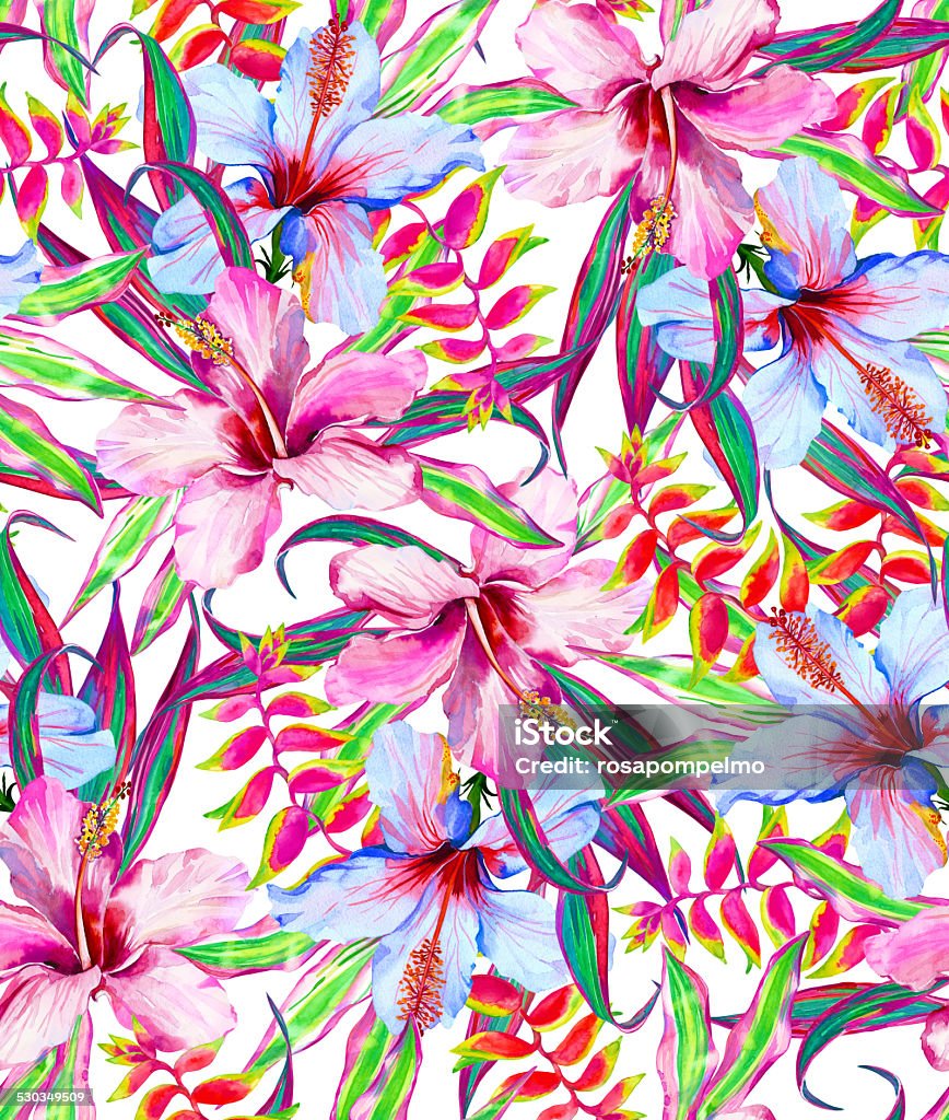 seamless tropical pattern with exotic flowers and leaves. This is a seamless raster pattern which is made of tropical flowers and exotic leaves: heliconia, hibiscus, cordyline and palm. All the elements are drawn in watercolor by me, Bora Bora stock illustration