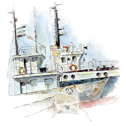 Watercolor painting of two old rusty fishing boats at pier