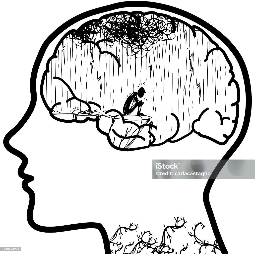 Man profile with lonely man Human profile with visible brain. Inside a sad man under the rain. Adult stock illustration