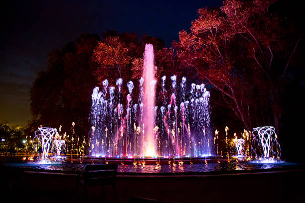 Music fountain Margaret Island Music fountain at the Margaret Island in Budapest Hungary illuminated with purple color at night time margitsziget stock pictures, royalty-free photos & images