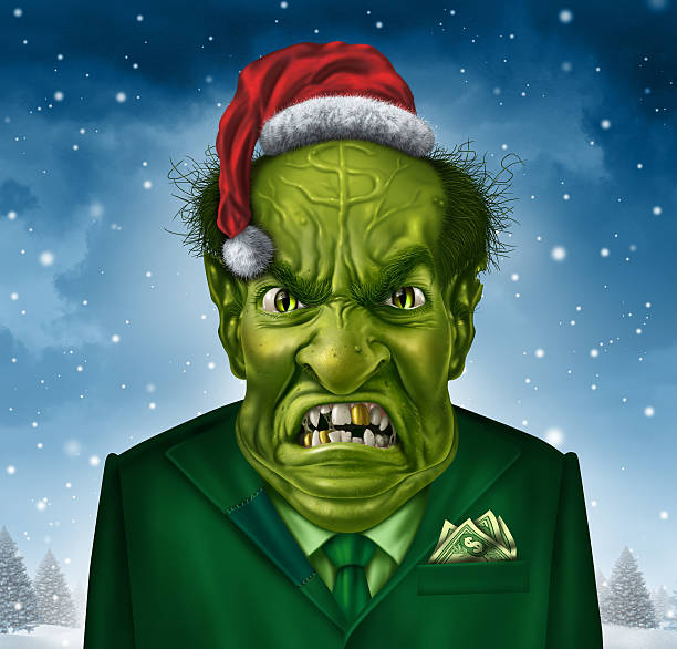 Greedy Holiday Boss Greedy holiday boss concept and selfish christmas greed as a green business manager character with a santa claus hat and suit with a dollar sign on his forehead representing the concept of selfishness and stingy financial behavior. greedy corporation stock pictures, royalty-free photos & images