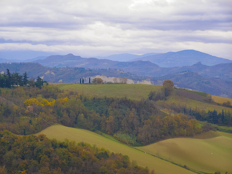 View of the hills surrounding the Monastero Madonna di San Luca sanctuary in Bologna, Italy