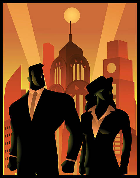 Vector Retro Style Worker Poster A retro propaganda style poster illustration of a couple of worker, man and woman posing with an art deco themed city skyline in the background. decoteau stock illustrations