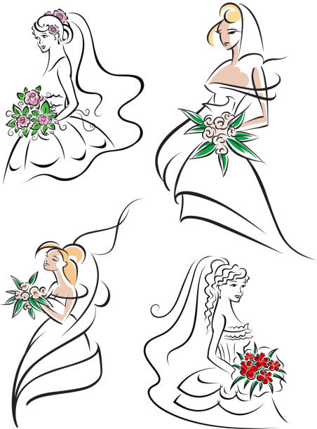 Graceful young brides with flowers Beautiful outline graceful young brides in wedding dresses and veils with flowers for wedding, bridal shop or invitations design silhouette of a prom dress sketches stock illustrations