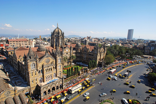 Bird's eyeview of Chatrapati Shivaji Terminus and surrounding heritage precinct in South Mumbai. Earlier known as Victoria Terminus it is a terminal and head- quarters for Central Railway. It has been declared as UNESCO World Heritage Site. Copy space.