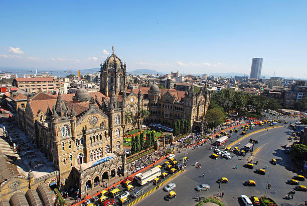 Bird's eyeview of Chatrapati Shivaji Terminus, Mumbai Bird's eyeview of Chatrapati Shivaji Terminus and surrounding heritage precinct in South Mumbai. Earlier known as Victoria Terminus it is a terminal and head- quarters for Central Railway. It has been declared as UNESCO World Heritage Site. Copy space. mumbai photos stock pictures, royalty-free photos & images