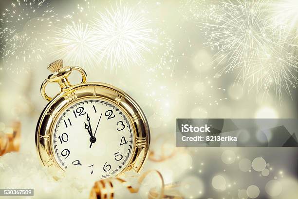 Vintageclock With Fireworks And Holiday Lights Stock Photo - Download Image Now - Champagne, 12 O'Clock, 2015