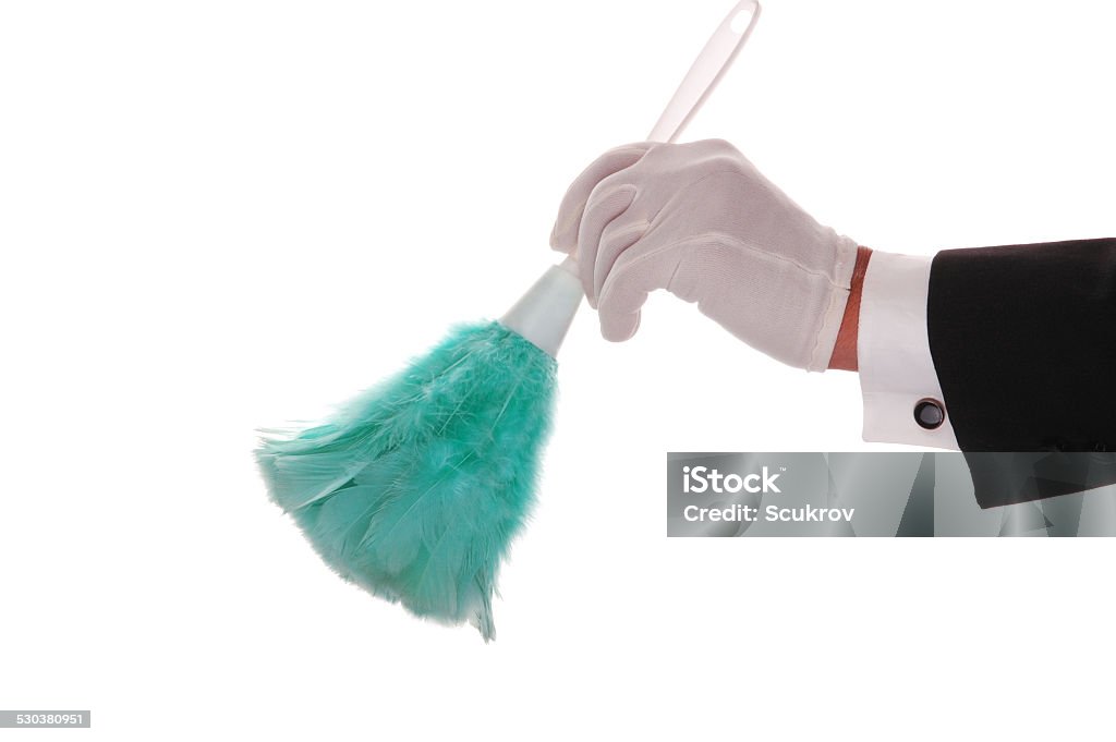 Butler with Duster Mans Formal Gloved Hand and Arm With Duster isolated over white Adult Stock Photo
