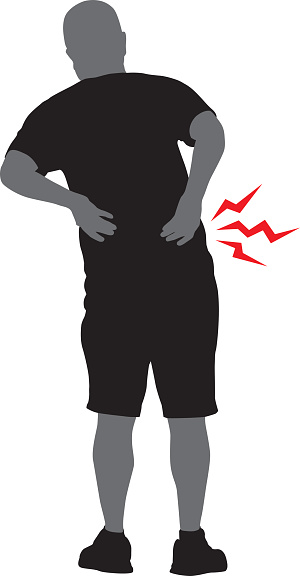 Vector illustration a a man with a backache holding his hands against his lower back.