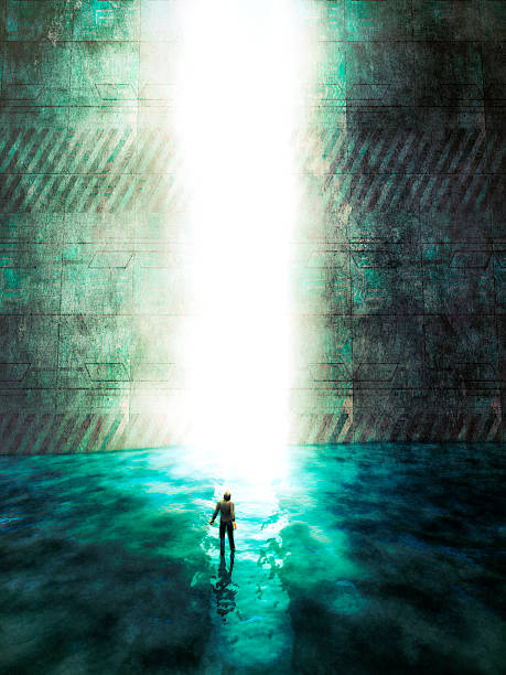 istock Man walking against mysterious light behind the techno stone wall 530382921