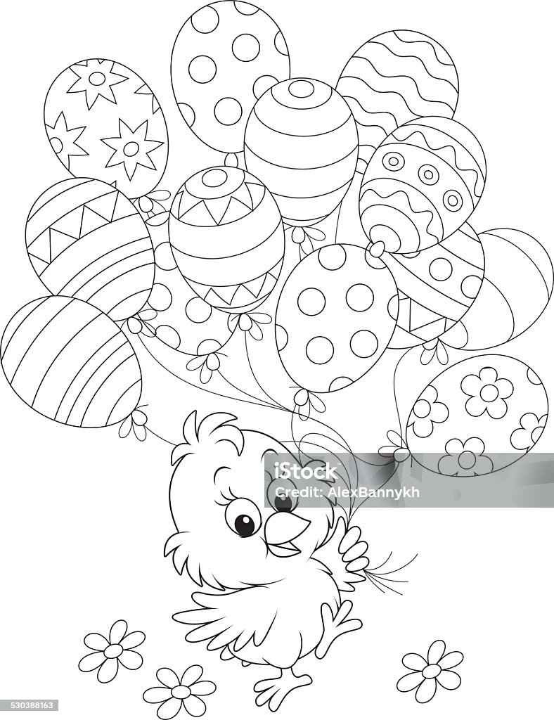 Easter Chick Little yellow chicken walking with colorful balloons Coloring Book Page - Illlustration Technique stock vector