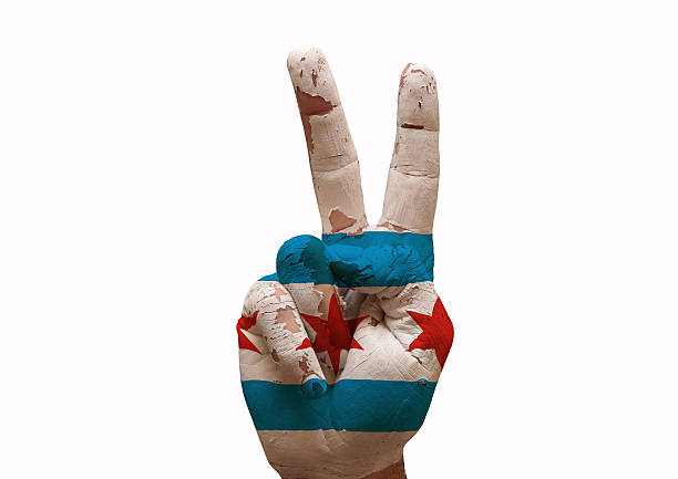 Hand making the V sign chicago city flag painted