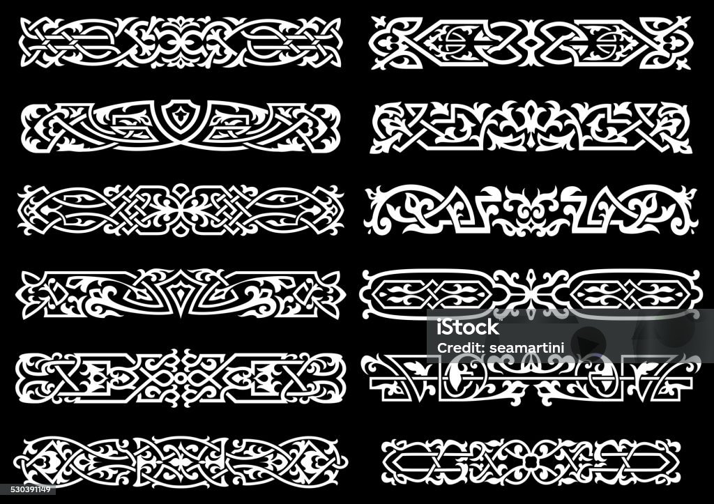 Celtic and floral ornaments collection White floral and celtic ornaments or borders on black background for vintage and decoration design Celtic Style stock vector