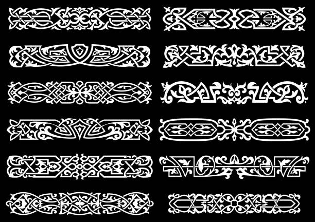 Celtic and floral ornaments collection White floral and celtic ornaments or borders on black background for vintage and decoration design tribal tattoo vector stock illustrations