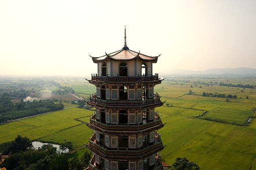 Chinese tower style with rice field background