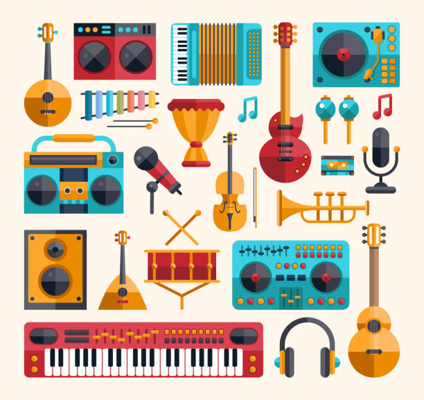 illustrations, cliparts, dessins animés et icônes de ensemble de design plat moderne, instruments de musique et instruments de musique - recording studio trumpet musical instrument jazz